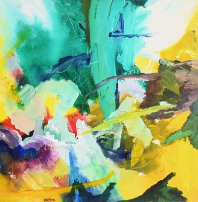 une peinture abstraite représentant des fleurs dans un vase posé sur une table