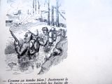 un dessin représentant un groupe de personnes à cheval dans l'eau
