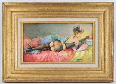 tableau représentant une femme allongée sur un lit, vêtue de bas et de bas