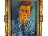 tableau représentant un homme en chemise bleue et cravate, dans un cadre doré