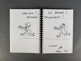 drawing of a book with a picture of a man running and a cartoon of a woman running