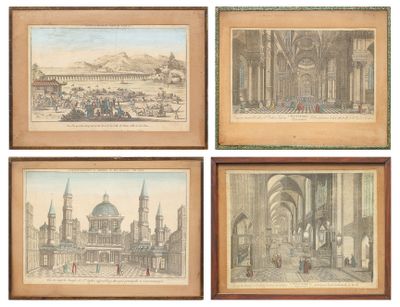 quatre gravures anciennes représentant une ville avec une église, une église et d'autres bâtiments