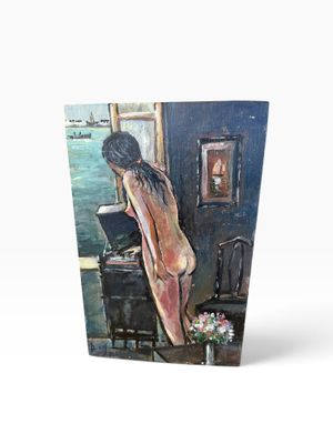 painting of a nude woman sitting on a chair in front of a window