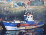 une peinture représentant un bateau bleu et blanc sur l'eau
