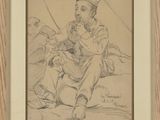 drawing of a man sitting on the ground with a guitar