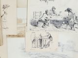several sketches of people sitting at a table in a room