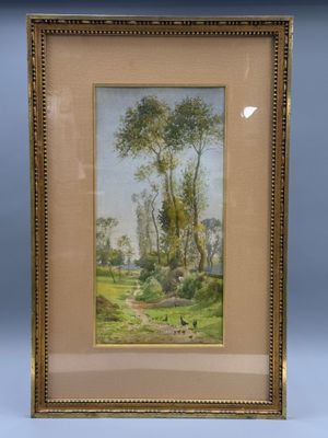 a painting of a landscape with a river and trees