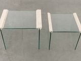 pair of glass and wood side tables with glass tops and legs