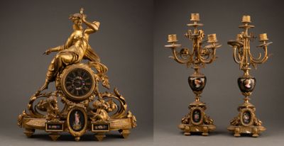 two different views of a clock with a statue on top of it