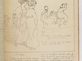 an open book with a drawing of a woman and a man on a horse