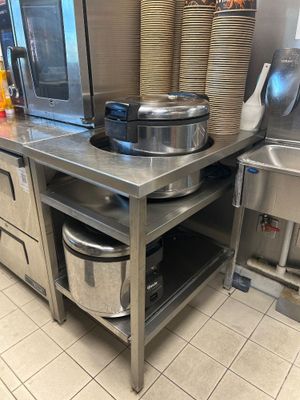 un plan de travail en acier inoxydable sur lequel sont posées une casserole et une poêle