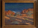 an oil painting of a desert scene with a blue sky in the background