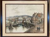 painting of a view of a harbor with boats and people on it