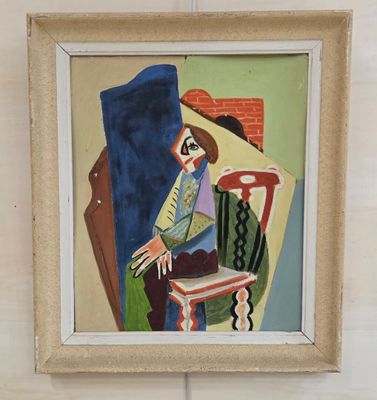 une image représentant un tableau où l'on voit une femme assise sur une chaise devant un mur