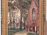 an image of a painting of a church in a park