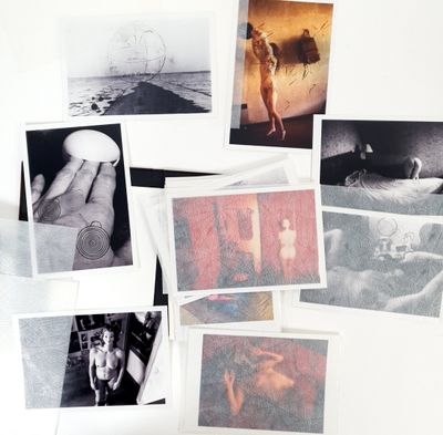 many pictures of a woman and a man on the beach