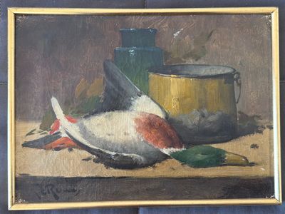 un tableau représentant un oiseau mort et un pot posé sur une table