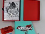 a red box with a picture of a woman and a book on it