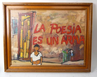 peinture d'un garçon assis par terre devant une porte