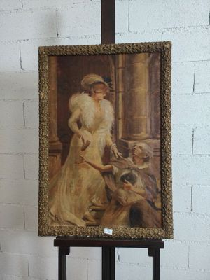 un tableau représentant une femme en robe blanche posée sur un chevalet