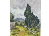 watercolor painting of a country road with trees in the distance