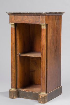 an old wooden cabinet with a marble top and two shelves