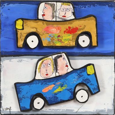 two paintings of people in a car on the wall