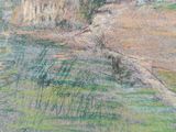 someone is holding up a painting of a house in a field