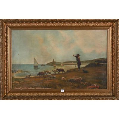 une image représentant un tableau où l'on voit un homme debout sur une plage au bord d'un plan d'eau