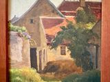 une peinture à l'huile représentant une scène de ferme avec une grange en arrière-plan