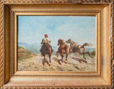 une peinture à l'huile représentant deux hommes à cheval dans un paysage montagneux