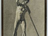 painting of a man holding a pole in his right hand