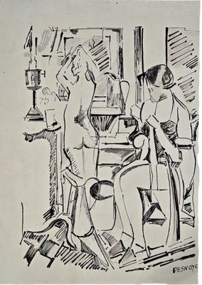 an image of a black and white drawing of two women sitting at a table