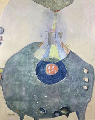 un tableau représentant un éléphant sur lequel est posé un ballon