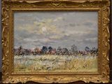 an oil painting of a field with trees and clouds in the background
