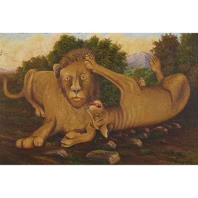an oil painting of a lion and a lioness laying on the ground