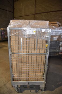 a cart with a bunch of boxes on it in a warehouse