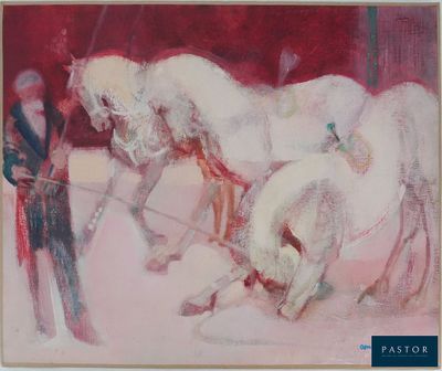 a painting of two horses pulling a man on a sled