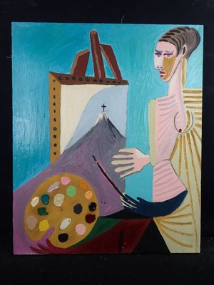 un tableau représentant une femme debout devant un chevalet