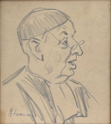 an old drawing of a man with glasses and a hat