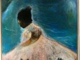 une peinture à l'huile représentant une femme et deux chats dans un champ