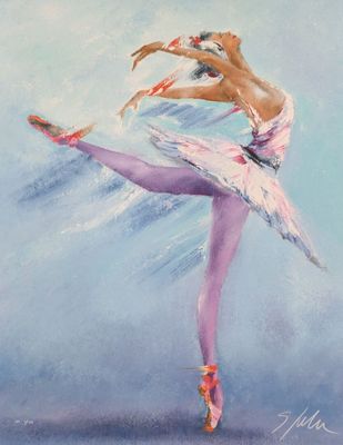 un tableau représentant une ballerine vêtue d'un tutu violet