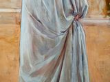 painting of a woman in a blue dress holding an umbrella