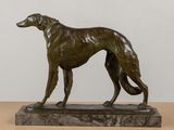 bronze sculpture of a greyhound dog on a marble base