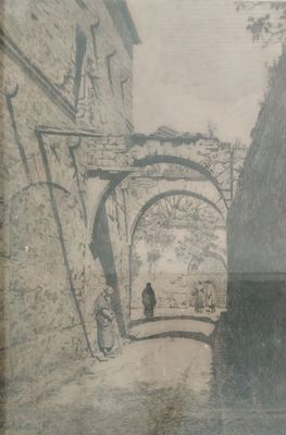 an old picture of a man walking down a street