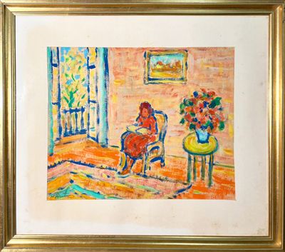 painting of a woman sitting in a chair in front of a window with a vase of flowers