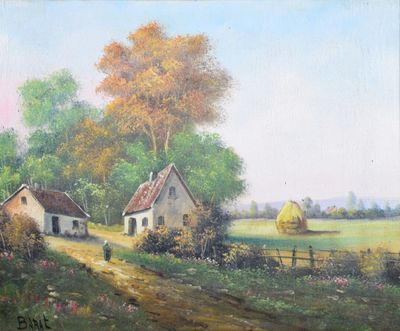 une peinture à l'huile représentant une scène de campagne avec quelques maisons au premier plan