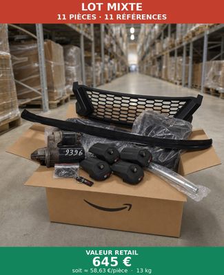 a box filled with assorted items sitting on top of a warehouse floor