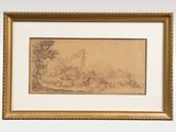 a drawing of a landscape with trees and a river in the foreground