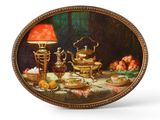 an image of a painting of a table with a lamp on it